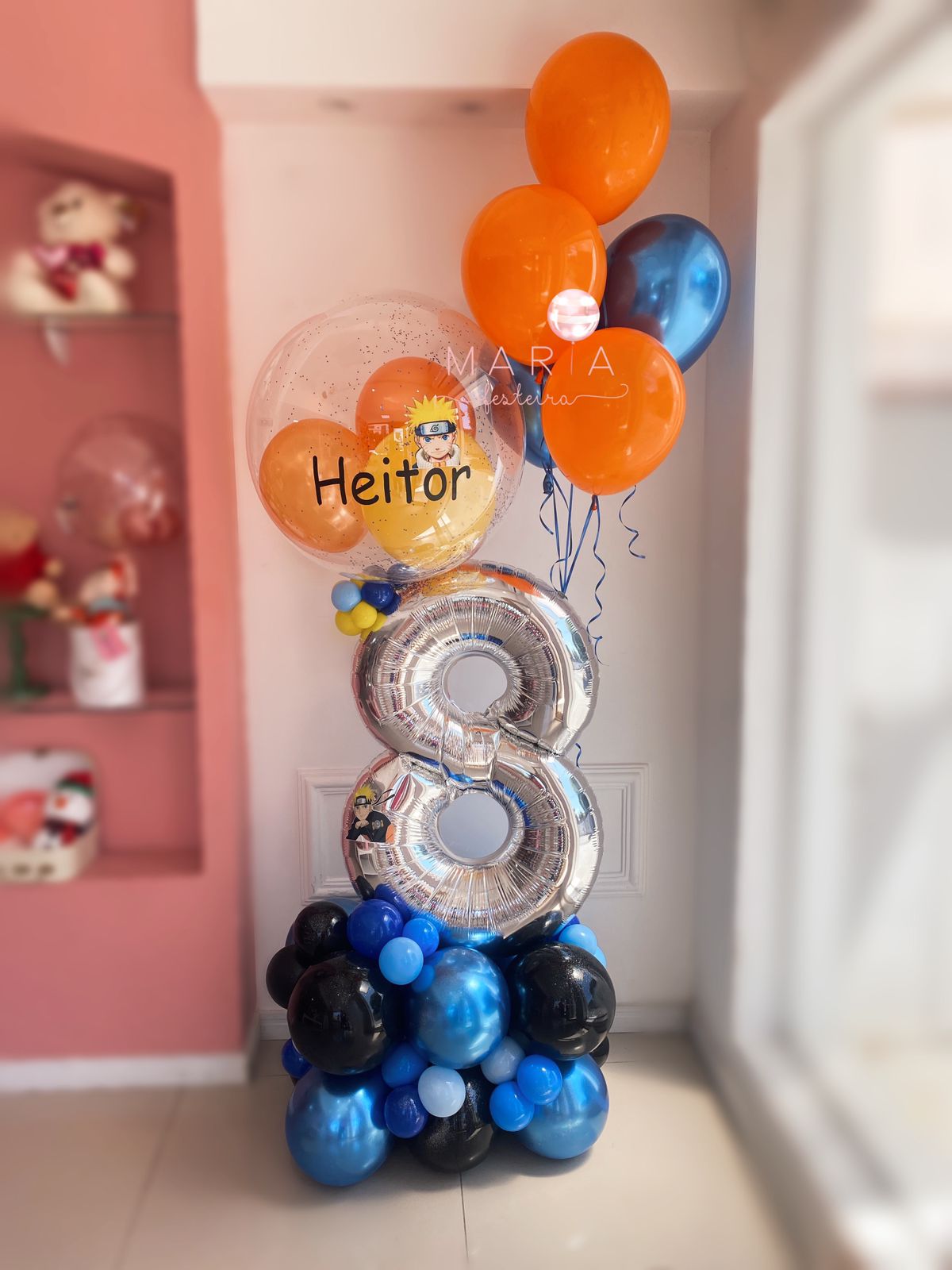 NARUTO - Max decoração temática com número metalizado, buquê de balões e bolha personalizada com detalhes no tema